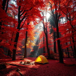 A vibrant and mystical red forest with towering trees and lush foliage