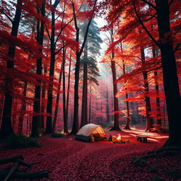 A vibrant and mystical red forest with towering trees and lush foliage