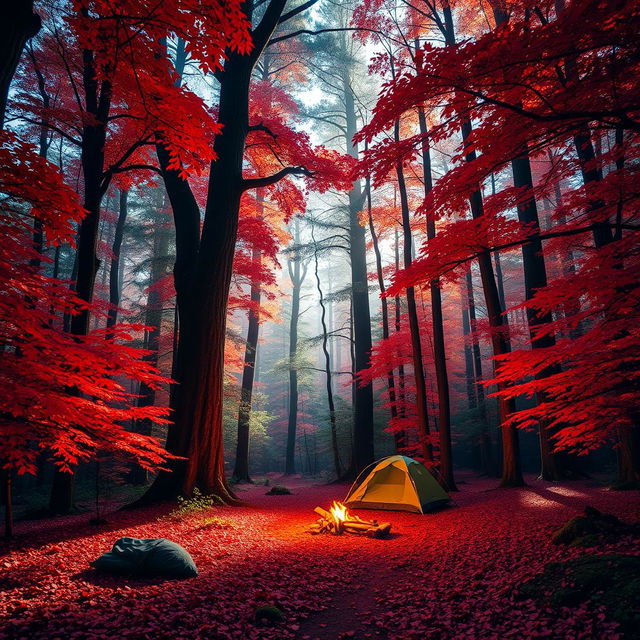 A vibrant and mystical red forest with towering trees and lush foliage