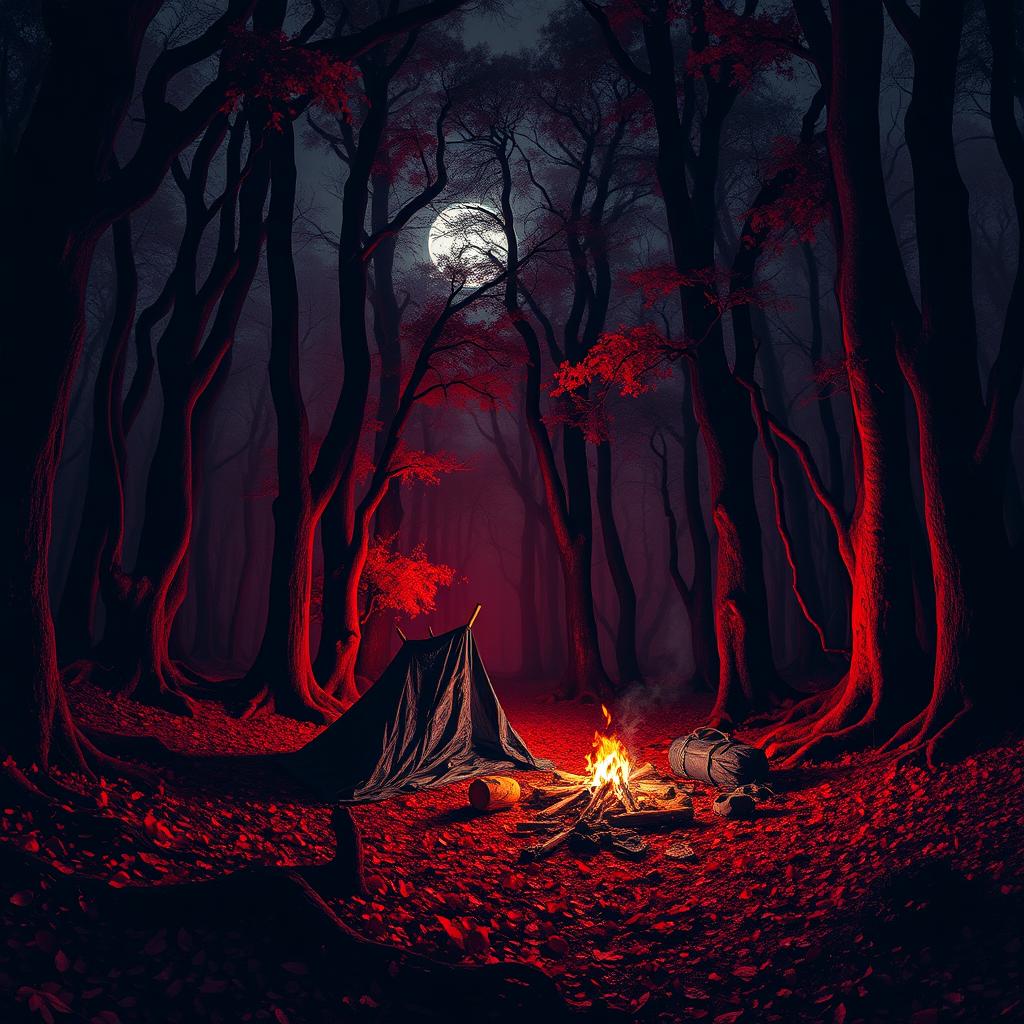 A dark and eerie red forest with towering trees and dense, twisted foliage