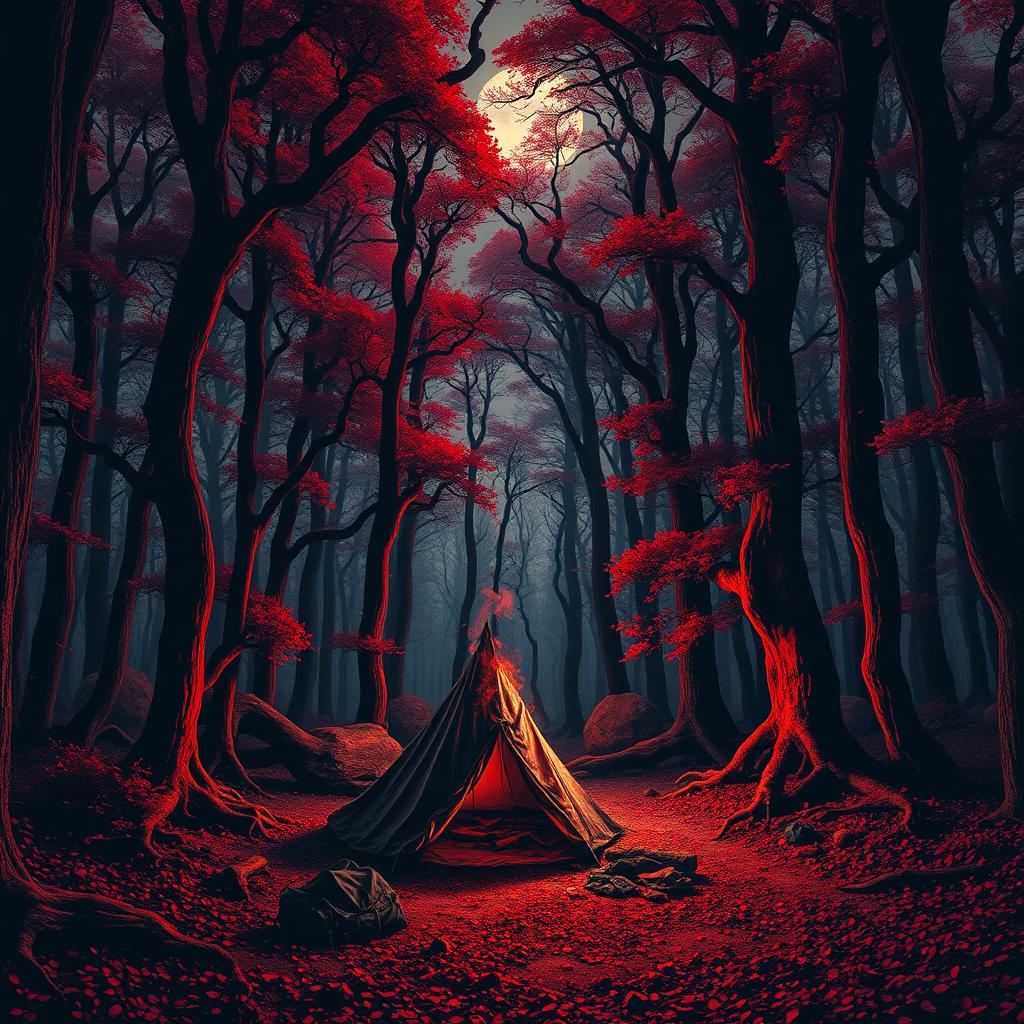 A dark and eerie red forest with towering trees and dense, twisted foliage