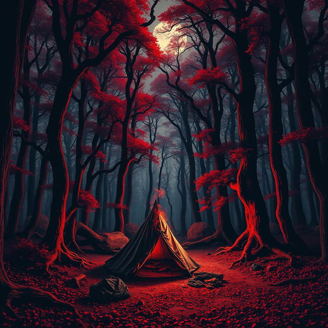 A dark and eerie red forest with towering trees and dense, twisted foliage