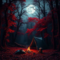 A dark and eerie red forest with towering trees and dense, twisted foliage