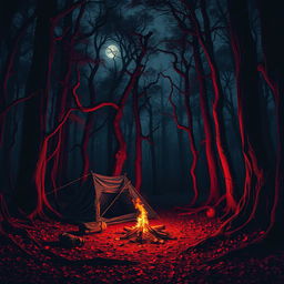 A dark and eerie red forest with towering trees and dense, twisted foliage