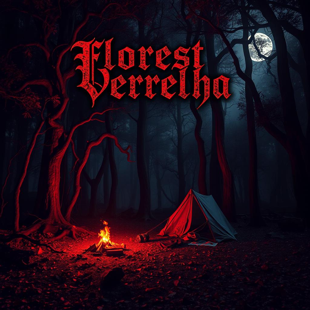 A dark and eerie red forest with towering trees and dense, twisted foliage