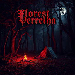 A dark and eerie red forest with towering trees and dense, twisted foliage