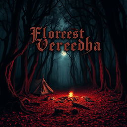 A dark and eerie red forest with towering trees and dense, twisted foliage