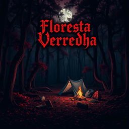 A dark and eerie red forest with towering trees and dense, twisted foliage