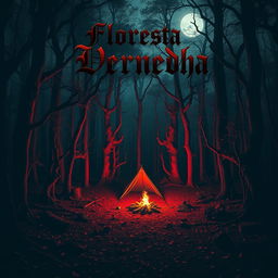 A dark and eerie red forest with towering trees and dense, twisted foliage