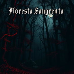 A dark and eerie red forest with towering trees and dense, twisted foliage