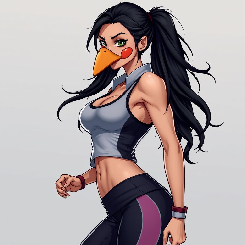 Create an image of a sexy girl with a turkey face, black hair, wearing a sexy outfit for sport