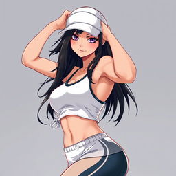 Create an image of a sexy girl with a turkey face, black hair, wearing a sexy outfit for sport