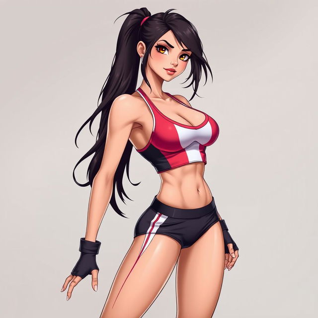 Create an image of a sexy girl with a turkey face, black hair, wearing a sexy outfit for sport