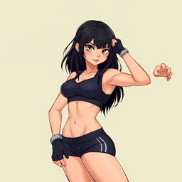 Create an image of a sexy girl with a turkey face, black hair, wearing a sexy outfit for sport