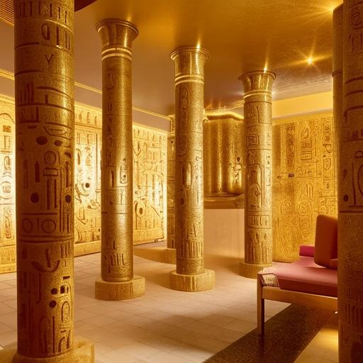 Inside view of a luxurious saloon and spa with an Egyptian theme, featuring ornate gold details, hieroglyphic art, stone columns, and plush furnishings.