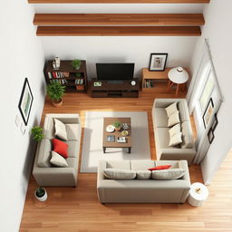 Create an interior design for a living room featuring a woody floor and furniture in the style of Ikea