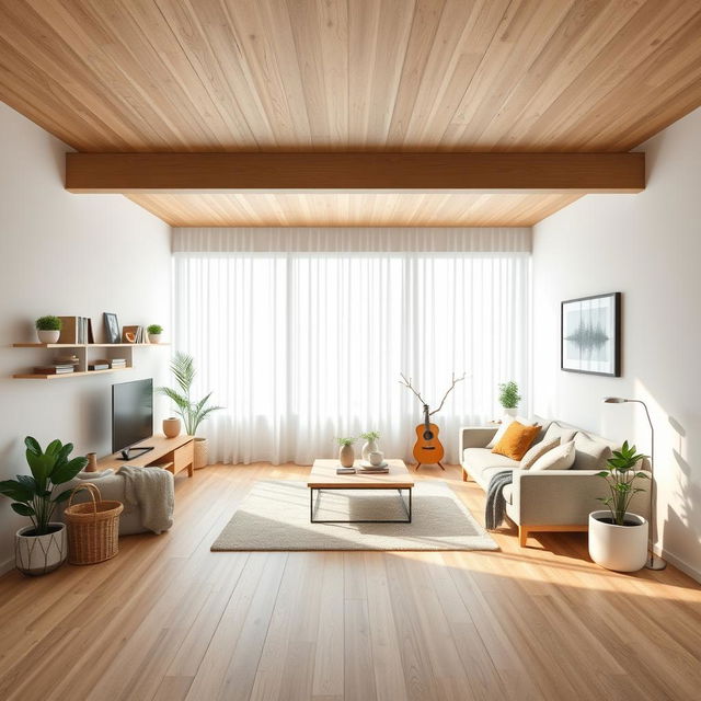 Create an interior design for a living room featuring a woody floor and furniture in the style of Ikea