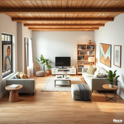 Create an interior design for a living room featuring a woody floor and furniture in the style of Ikea