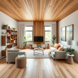 Create an interior design for a living room featuring a woody floor and furniture in the style of Ikea