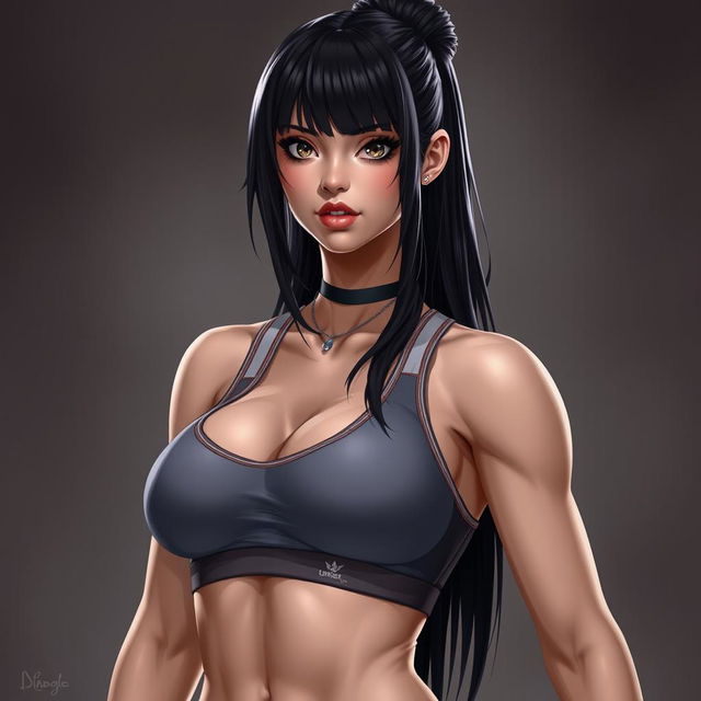 A realistic girl with black hair, wearing a sexy sports outfit