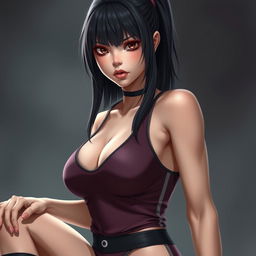 A realistic girl with black hair, wearing a sexy sports outfit