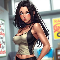 A realistic girl with black hair, wearing a sexy sports outfit