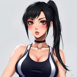 A realistic girl with black hair, wearing a sexy sports outfit