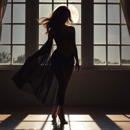 A solitary figure, a beautiful woman in a flowing black lingerie, stands silhouetted against a large, luminous window