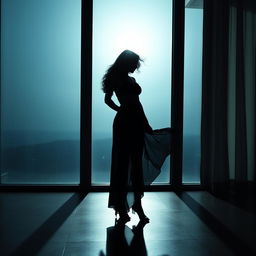 A solitary figure, a beautiful woman in a flowing black lingerie, stands silhouetted against a large, luminous window