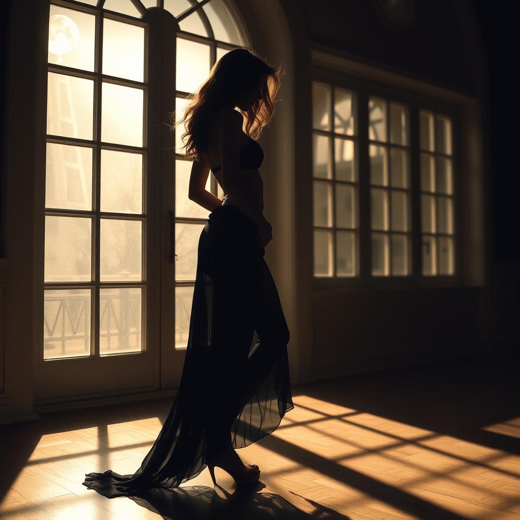 A solitary figure, a beautiful woman in a flowing black lingerie, stands silhouetted against a large, luminous window