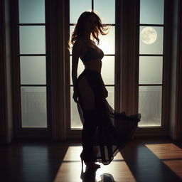 A solitary figure, a beautiful woman in a flowing black lingerie, stands silhouetted against a large, luminous window