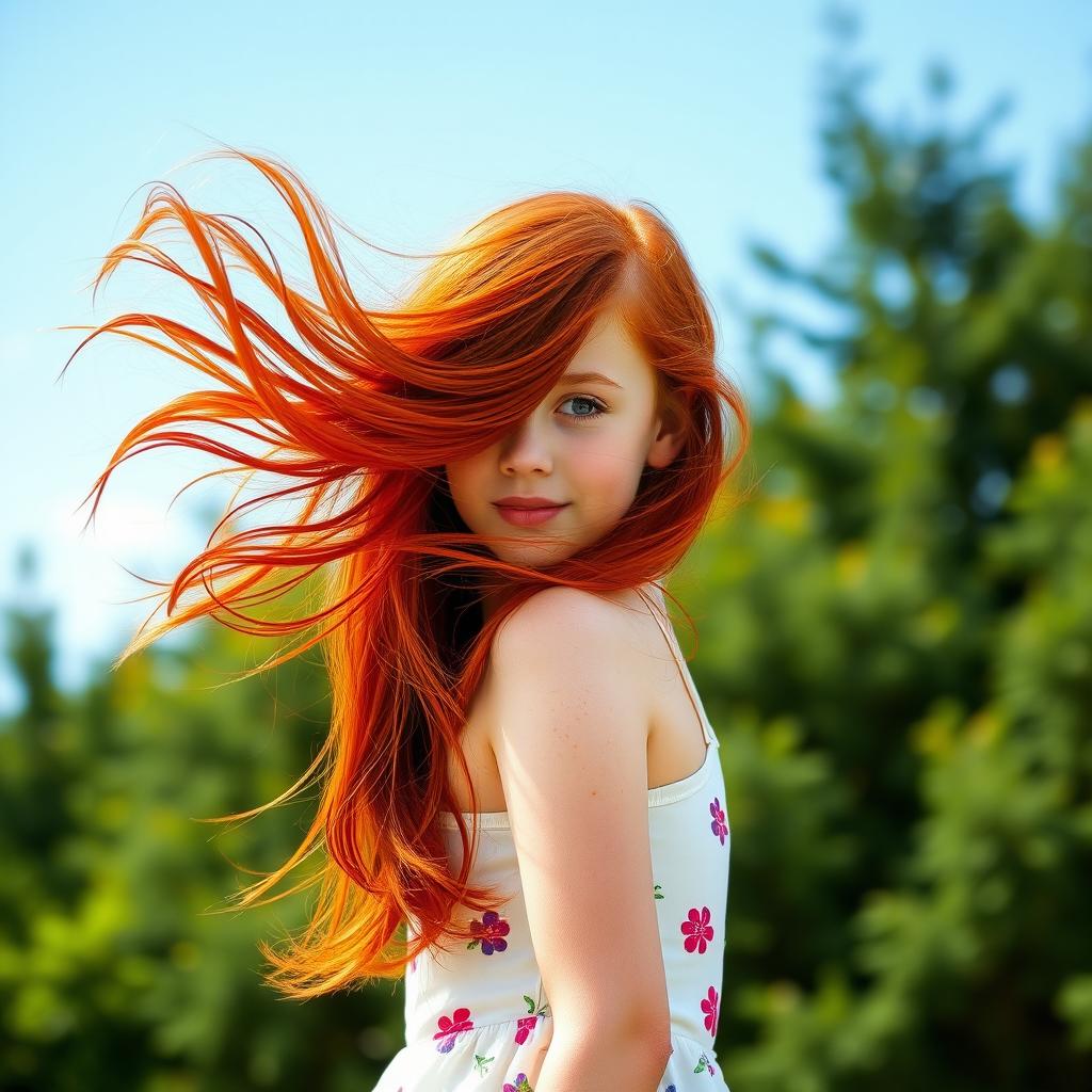 A vibrant image of a redhead girl with flowing hair, standing in a beautiful outdoor setting