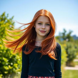 A vibrant image of a redhead girl with flowing hair, standing in a beautiful outdoor setting