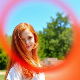 A vibrant image of a redhead girl with flowing hair, standing in a beautiful outdoor setting