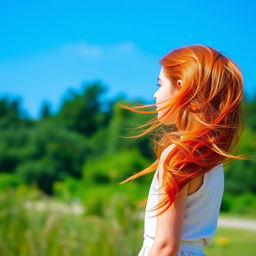 A vibrant image of a redhead girl with flowing hair, standing in a beautiful outdoor setting