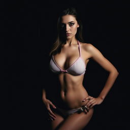 An upper body shot of a beautiful woman wearing a bikini in a dark room