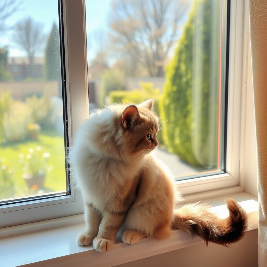 A cute and fluffy cat sitting on a windowsill, looking outside at a sunny garden