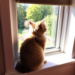 A cute and fluffy cat sitting on a windowsill, looking outside at a sunny garden