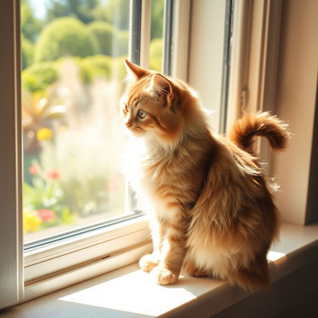 A cute and fluffy cat sitting on a windowsill, looking outside at a sunny garden