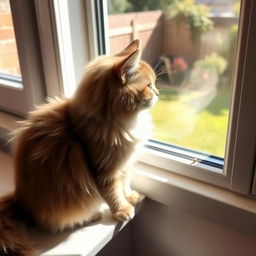 A cute and fluffy cat sitting on a windowsill, looking outside at a sunny garden