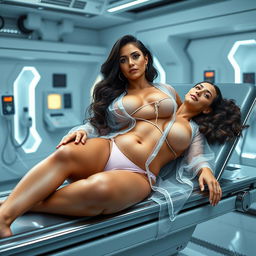 A voluptuous, light-skinned Latina woman, 48 years old, with a 40DD bust size, lying on a stretcher in a futuristic laboratory