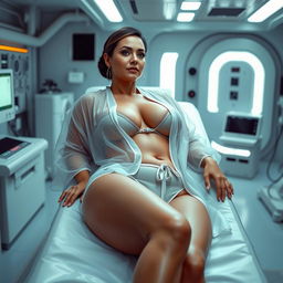 A voluptuous, light-skinned Latina woman, 48 years old, with a 40DD bust size, lying on a stretcher in a futuristic laboratory