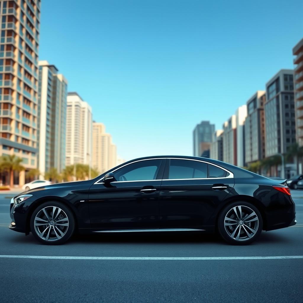 A sleek black luxury sedan parked on a modern city street