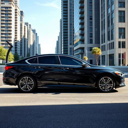 A sleek black luxury sedan parked on a modern city street