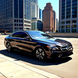 A sleek black luxury sedan parked on a modern city street