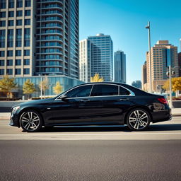 A sleek black luxury sedan parked on a modern city street