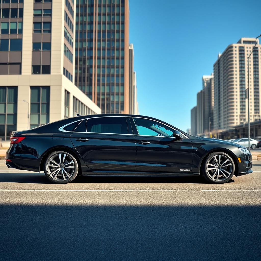 A sleek black luxury sedan with an elongated design and a soot finish