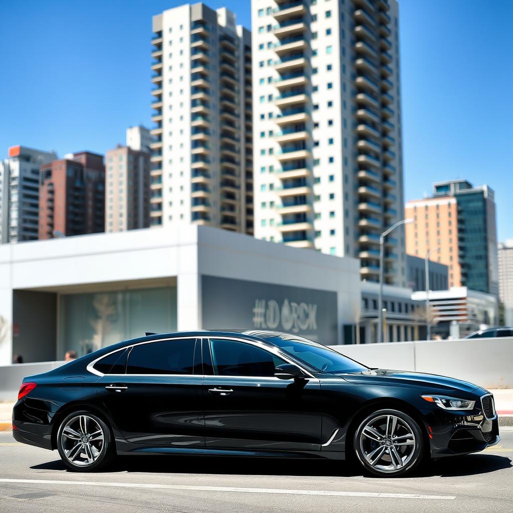 A sleek black luxury sedan with an elongated design and a soot finish