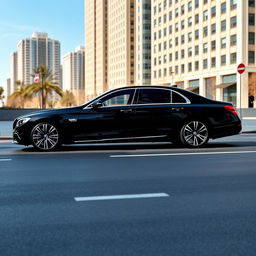 A sleek black luxury sedan with an elongated design and a soot finish