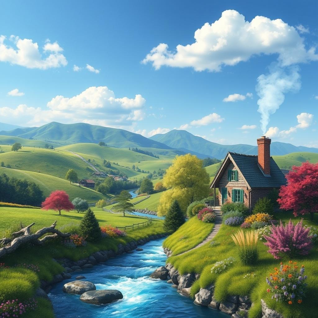 Create an idyllic scene featuring a serene landscape with rolling hills, a clear blue sky, and a sparkling river winding through lush greenery